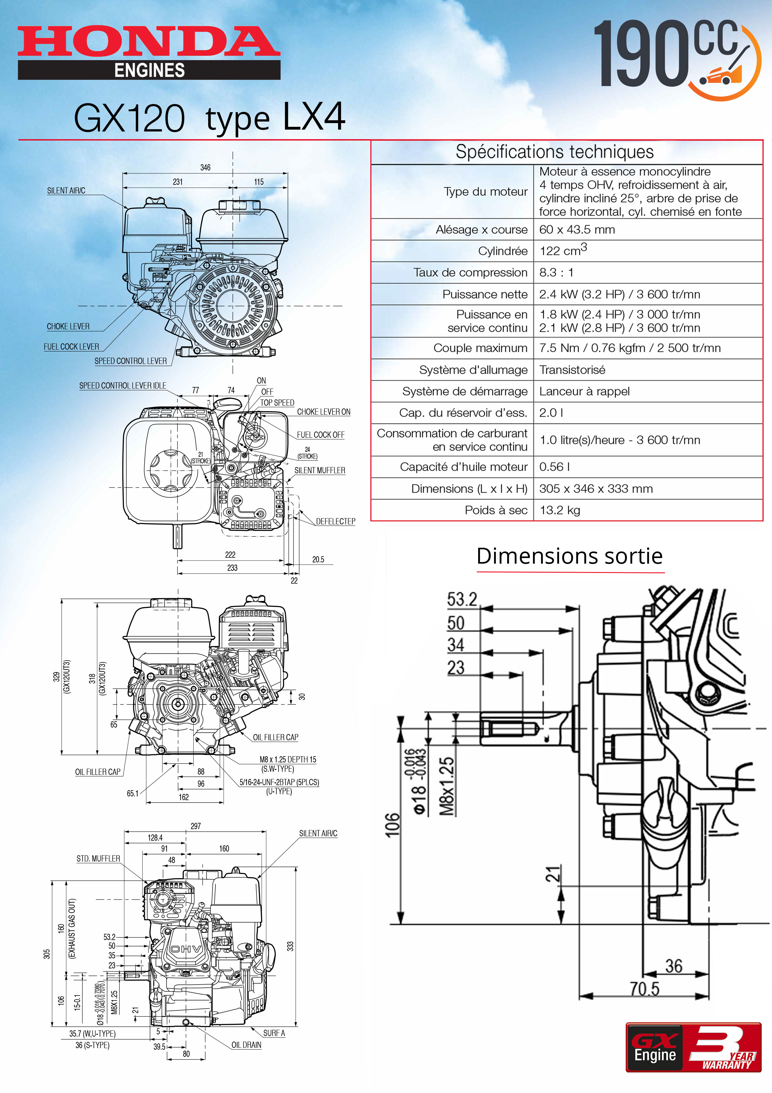 Moteur Honda GX120 LX4 betonniere