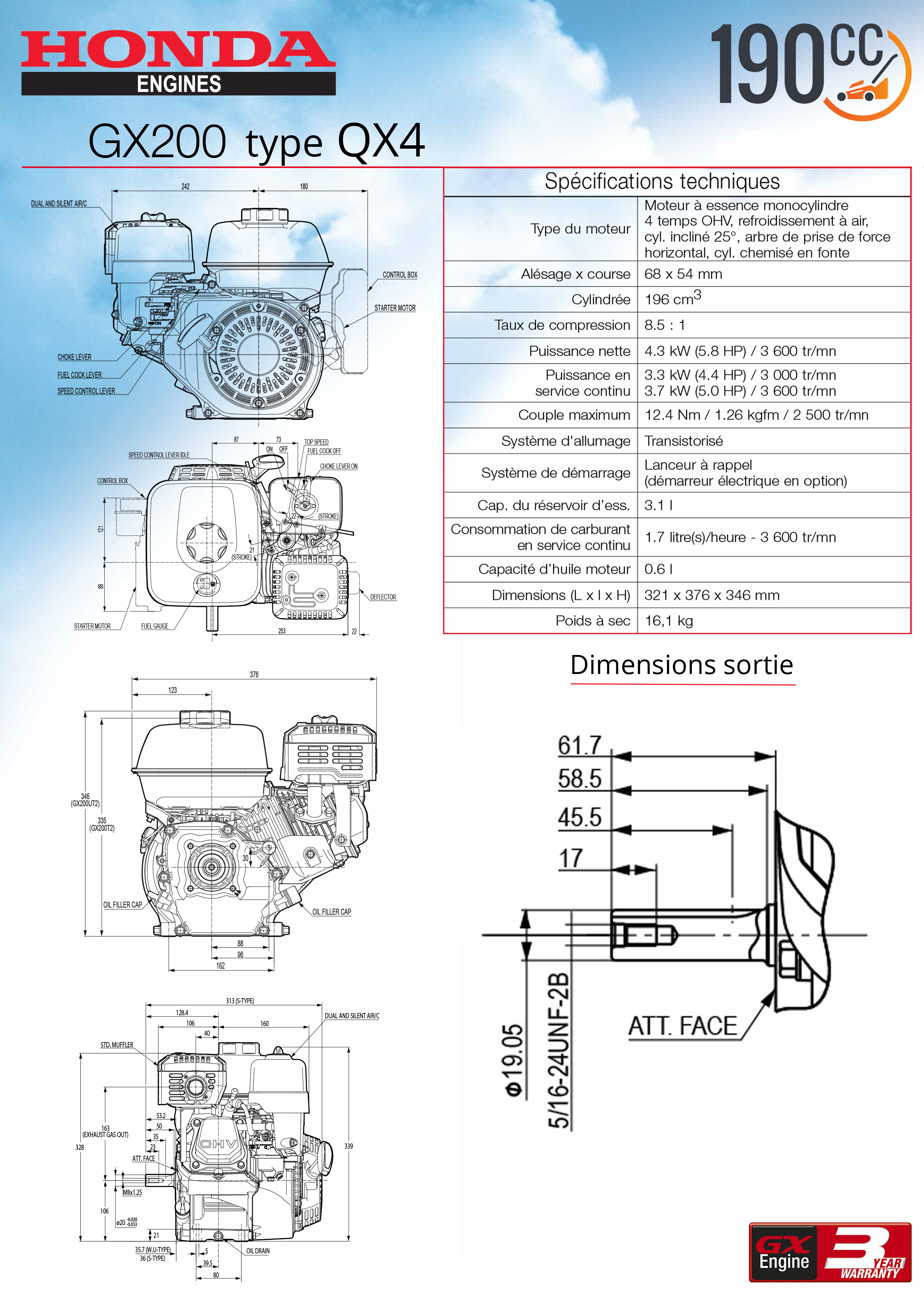 Dimensions moteur HONDA GX200 QX4