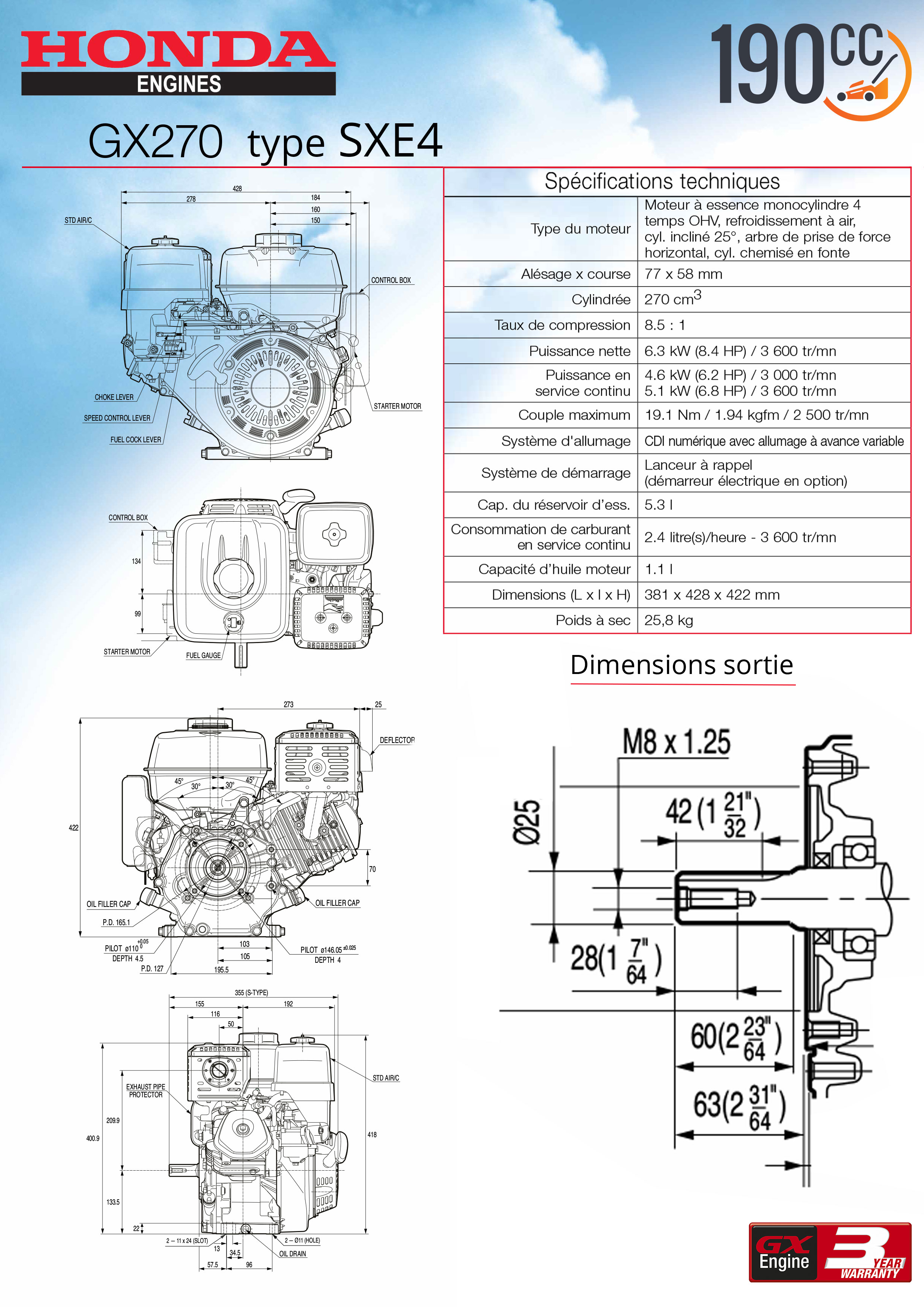Diamensions HONDA GX270QXE4