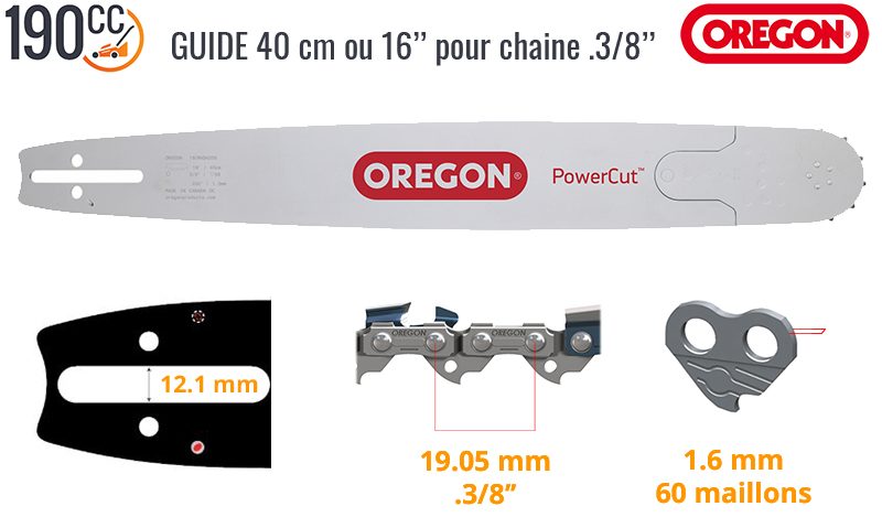 Guide 40 cm (16 pouces) + chaîne 68 maillons - Compatible